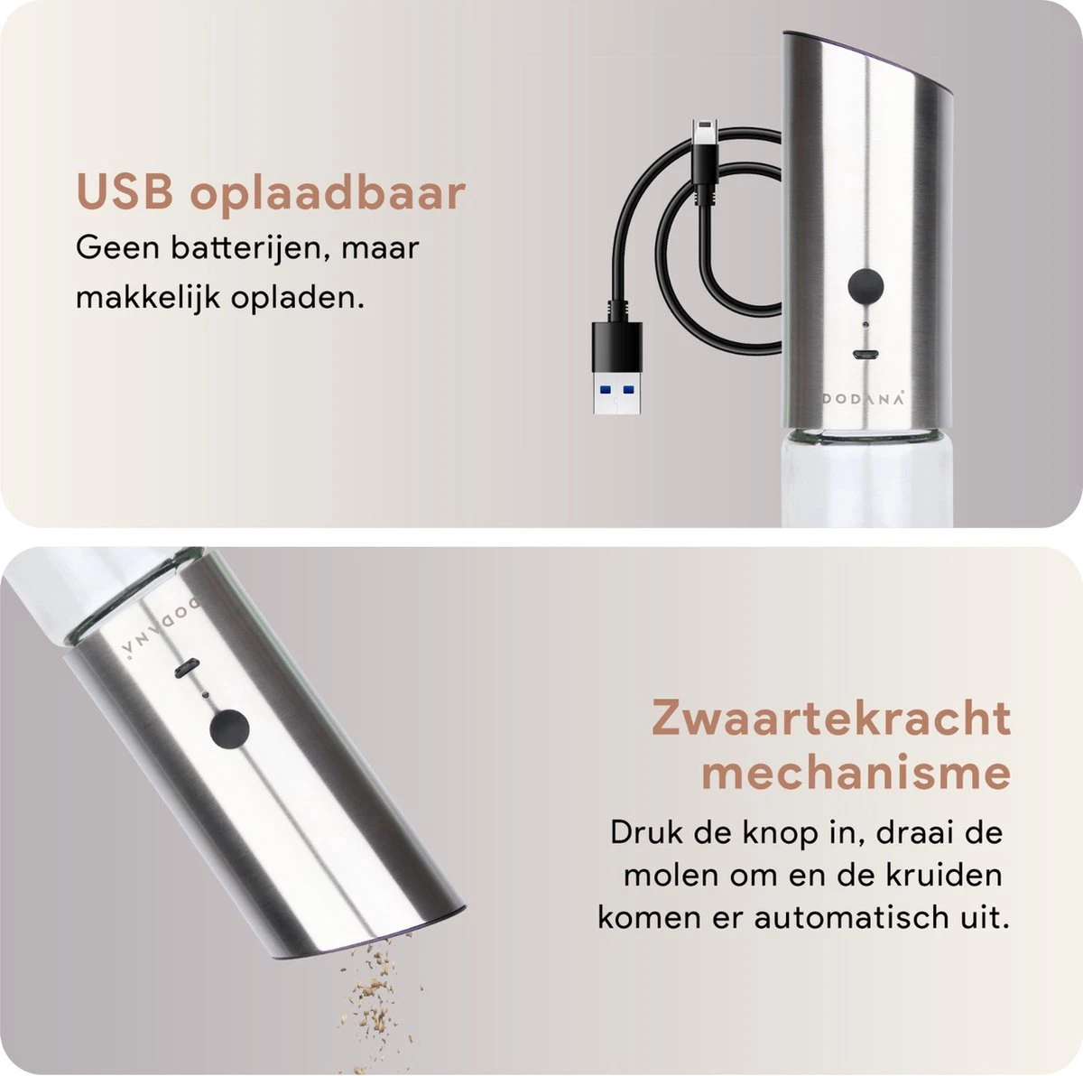 DODANA Premium Peper - & Zoutmolen Elektrisch - 1 Stuk - Pepermolen - Zoutmolen - Oplaadbaar - USB - Elektrische Pepermolen - RVS - Zwaartekracht Functie - LED Lamp - Nl Handleiding - Incl Borsteltje 4 DODANA Premium Peper - & Zoutmolen Elektrisch - 1 Stuk - Pepermolen - Zoutmolen - Oplaadbaar - USB - Elektrische Pepermolen - RVS - Zwaartekracht Functie - LED Lamp - Nl Handleiding - Incl Borsteltje - Afbeelding 4