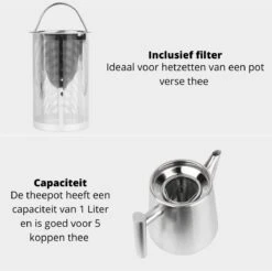 Castagnola Theepot Met Filter – Theekan – Theepot Dubbelwandig – Theepot Roestvrijstaal – Hoogwaardig RVS – 1 Liter – 5 Kopjes Thee – Zilver -Kwaliteitskeukenwinkel Voor Thuis 1200x1195 5