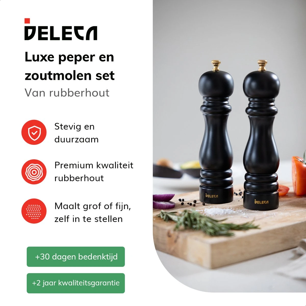 Deleca Luxe Peper En Zoutmolen Set - Met Geschenkdoos - Zout / Pepermolen - Rubberhout - Zwart & Goud 5 Deleca Luxe Peper En Zoutmolen Set - Met Geschenkdoos - Zout / Pepermolen - Rubberhout - Zwart & Goud - Afbeelding 5