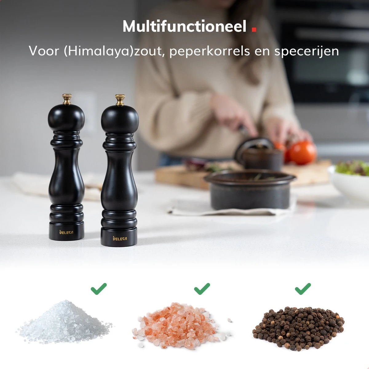 Deleca Luxe Peper En Zoutmolen Set - Met Geschenkdoos - Zout / Pepermolen - Rubberhout - Zwart & Goud 7 Deleca Luxe Peper En Zoutmolen Set - Met Geschenkdoos - Zout / Pepermolen - Rubberhout - Zwart & Goud - Afbeelding 7