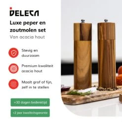 Deleca Luxe Peper En Zoutmolen Set - Zout / Pepermolen - Handmatig - Met Navul Lepel & Geschenkdoos - Acacia Hout - Rond -Kwaliteitskeukenwinkel Voor Thuis 1200x1200 1184