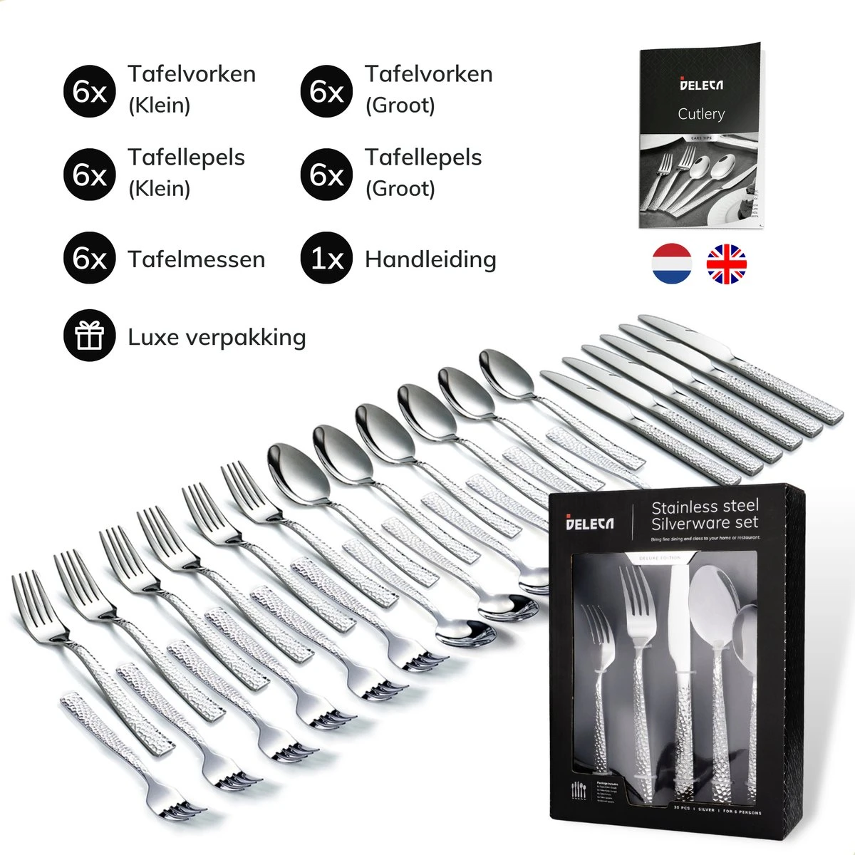 Deleca 6 Persoons Bestekset Deluxe (30-delig) - Vorken, Lepels En Messen - Vaatwasserbestendig - Gehamerd - Zilver / RVS 8 Deleca 6 Persoons Bestekset Deluxe (30-delig) - Vorken, Lepels En Messen - Vaatwasserbestendig - Gehamerd - Zilver / RVS - Afbeelding 8