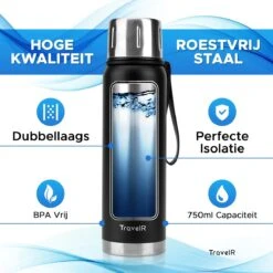 TravelR Thermosfles - Thermoskan - Drinkfles - Isoleerfles - BPA Vrij - Roestvrij Staal - 750 ML - Mat Zwart -Kwaliteitskeukenwinkel Voor Thuis 1200x1200 4