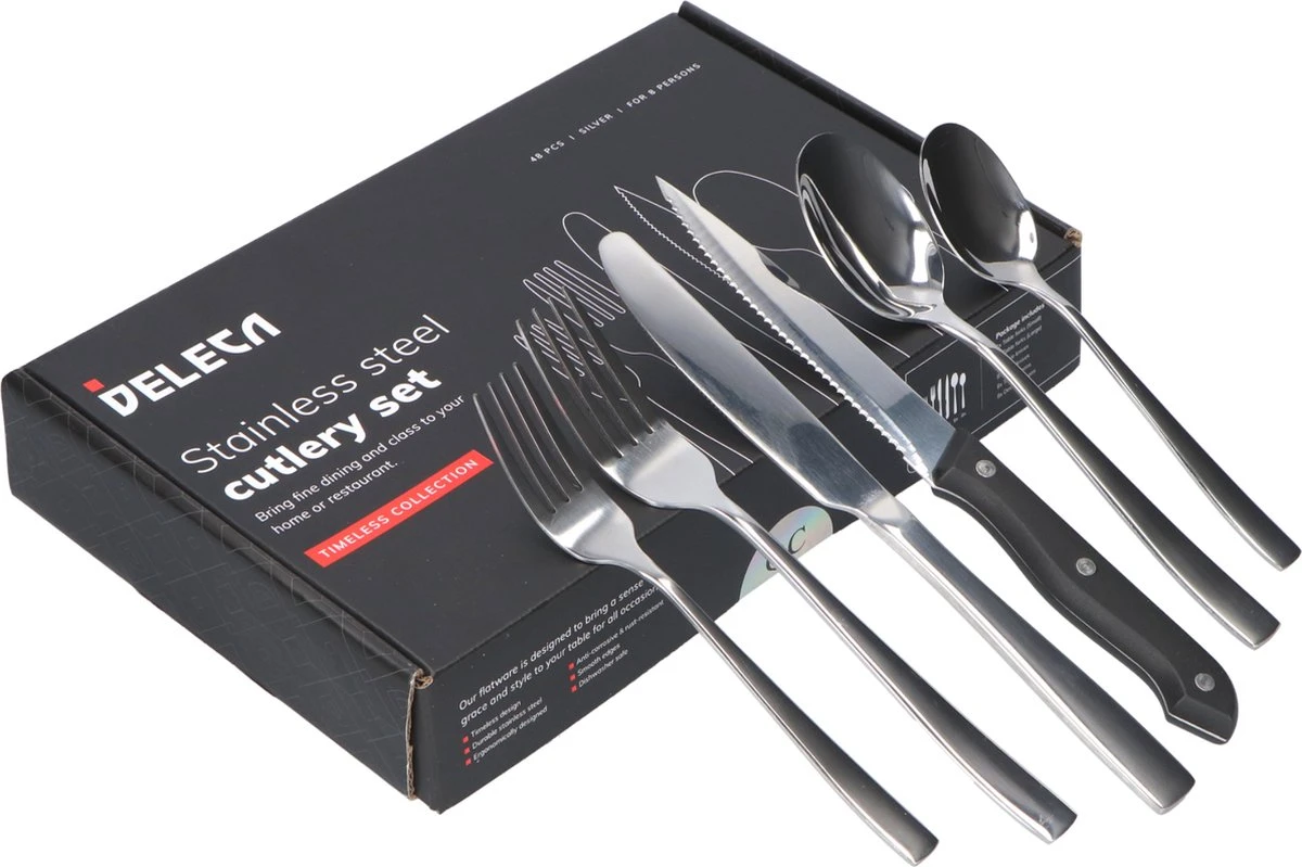 Deleca 8 Persoons Bestekset (48-delig) - Lepels, Messen, Vorken & Steakmessen - Vaatwasserbestendig - Zilver / RVS 9 Deleca 8 Persoons Bestekset (48-delig) - Lepels, Messen, Vorken & Steakmessen - Vaatwasserbestendig - Zilver / RVS - Afbeelding 9